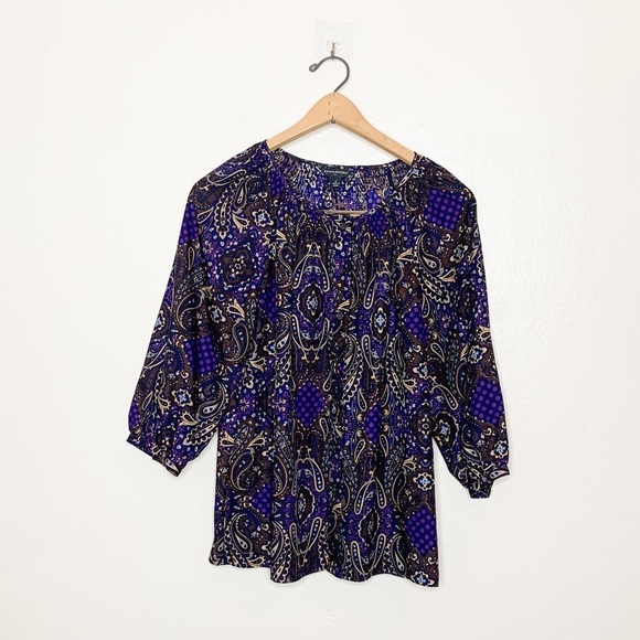Banana Republic Purple Paisley Print 3/4 Sleeve Button Front‎ Blouse Medium M - Picture 2 of 8